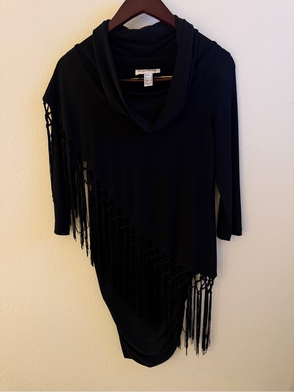 Joseph Ribkoff Black Fringe Overlay Tunic Size 10 Asymmetrical Boho Art to Wear